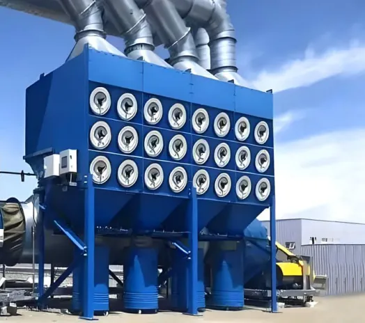 Modular vertical cartridge dust collector with five isolated compartments and offline pulse cleaning for high-dust mineral processing