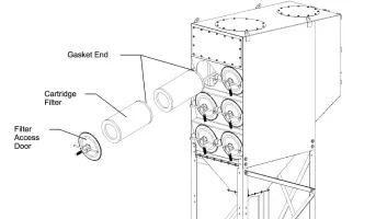 Engineer reviewing cartridge dust collector process data and airflow requirements